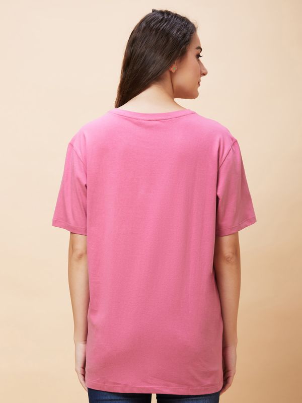 Globus Women Purple Typography Print Round Neck Casual Oversized T-Shirt