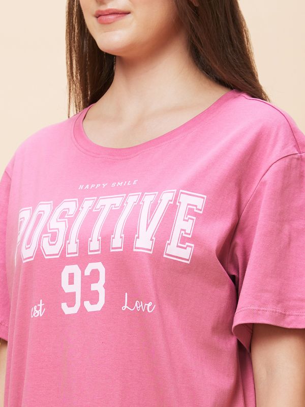 Globus Women Purple Typography Print Round Neck Casual Oversized T-Shirt