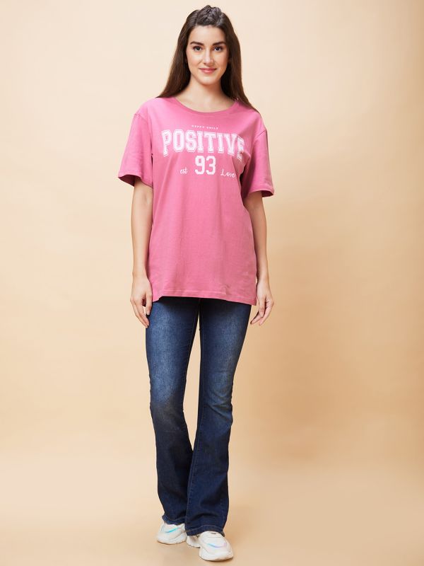 Globus Women Purple Typography Print Round Neck Casual Oversized T-Shirt
