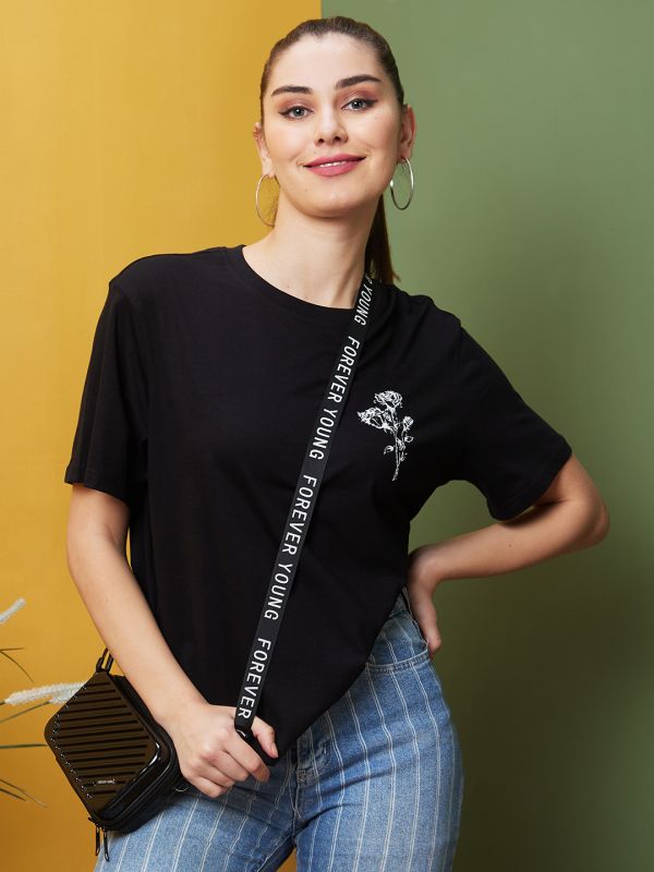 Globus Women Black Boxy Fit Typography Printed Cotton T-Shirts