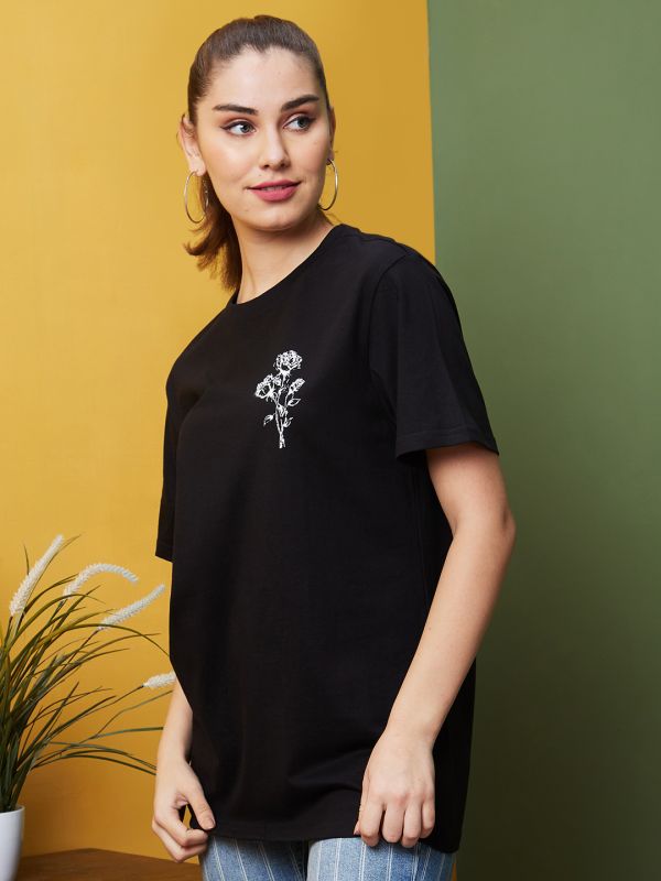 Globus Women Black Boxy Fit Typography Printed Cotton T-Shirts