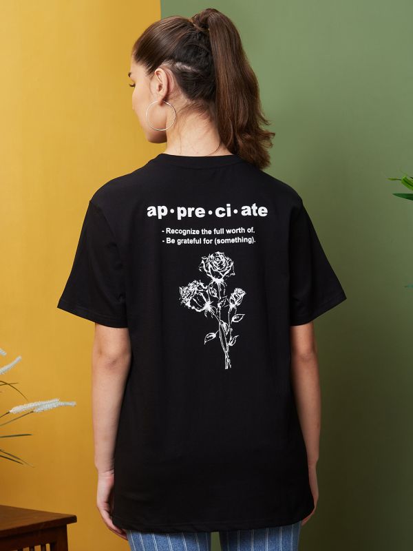 Globus Women Black Boxy Fit Typography Printed Cotton T-Shirts