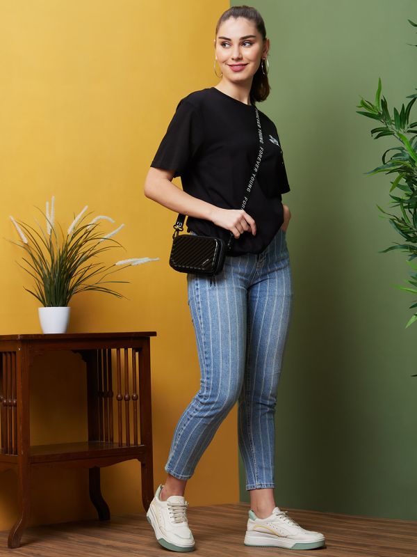Globus Women Black Boxy Fit Typography Printed Cotton T-Shirts