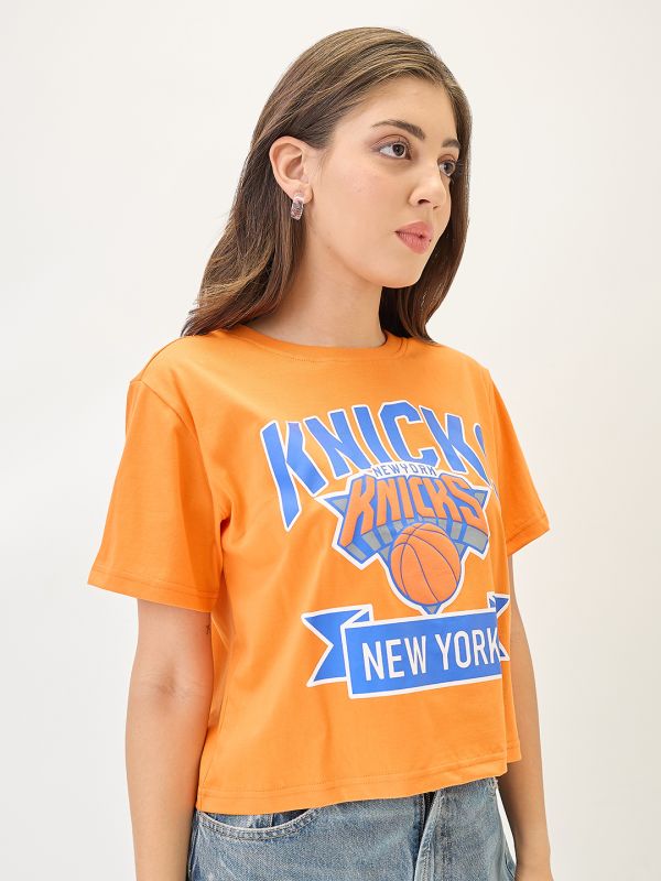 Globus Women Orange Typography Printed Round Neck Cotton Oversized Trendy Crop T-Shirt