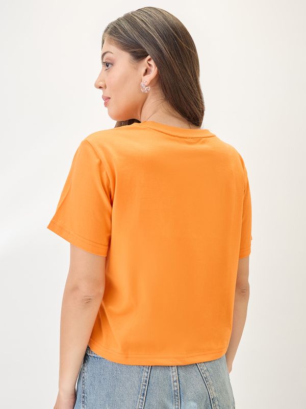Globus Women Orange Typography Printed Round Neck Cotton Oversized Trendy Crop T-Shirt