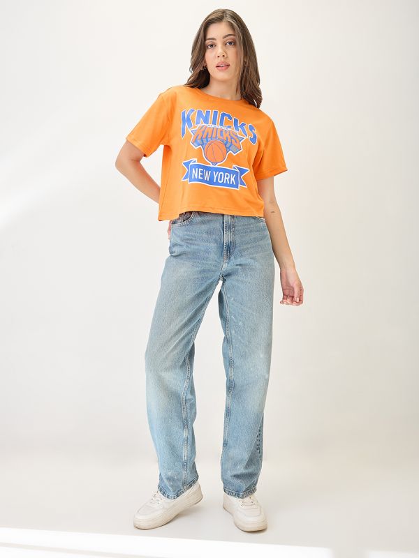 Globus Women Orange Typography Printed Round Neck Cotton Oversized Trendy Crop T-Shirt
