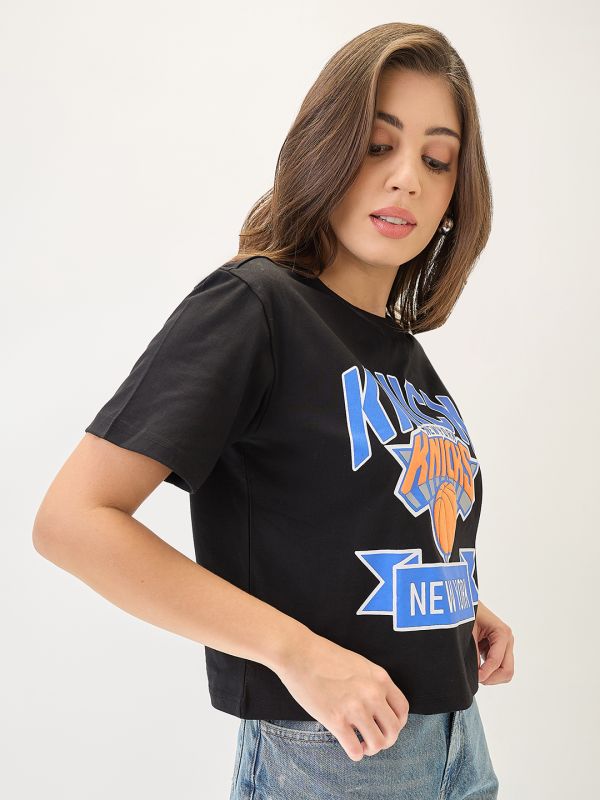 Globus Women Black Typography Printed Round Neck Cotton Oversized Trendy Crop T-Shirt