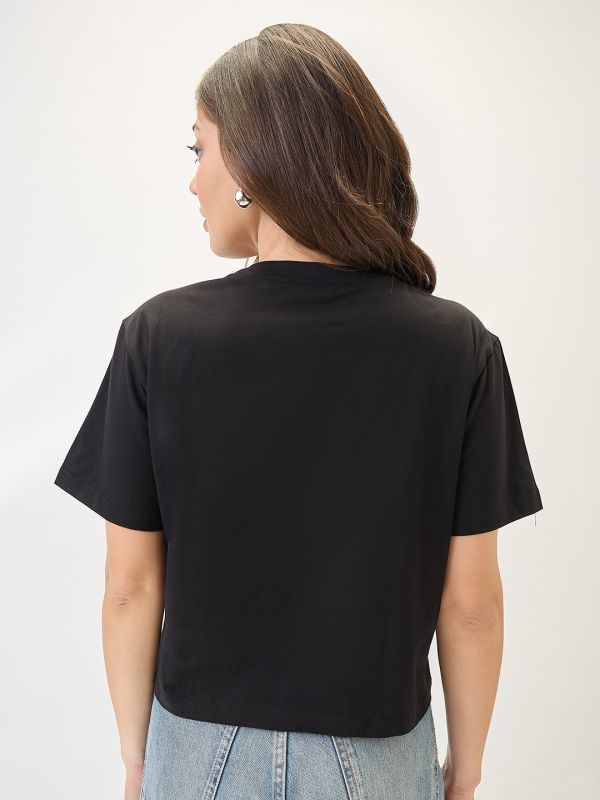 Globus Women Black Typography Printed Round Neck Cotton Oversized Trendy Crop T-Shirt