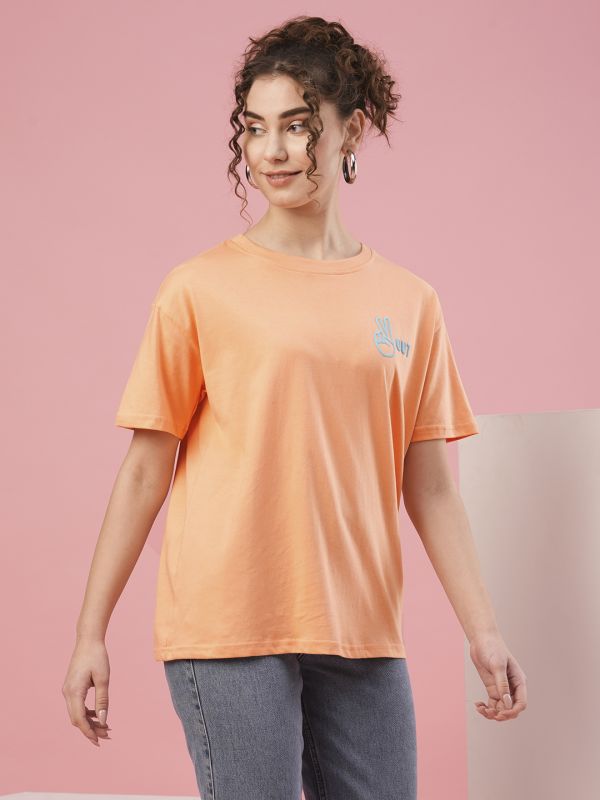 Globus Women Peach Drop Shoulder Conversational Back Print Cotton Boxy Fit T-Shirt