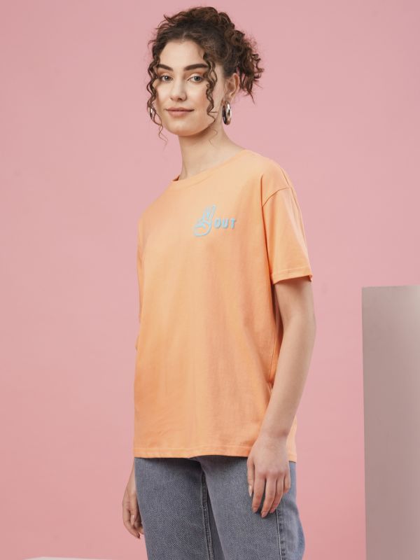 Globus Women Peach Drop Shoulder Conversational Back Print Cotton Boxy Fit T-Shirt