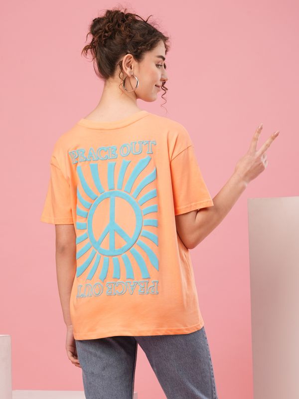 Globus Women Peach Drop Shoulder Conversational Back Print Cotton Boxy Fit T-Shirt