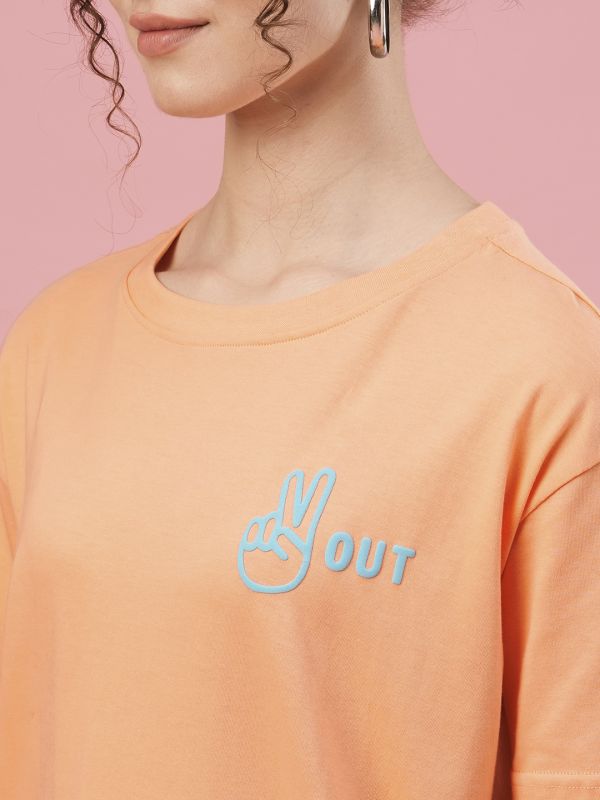 Globus Women Peach Drop Shoulder Conversational Back Print Cotton Boxy Fit T-Shirt