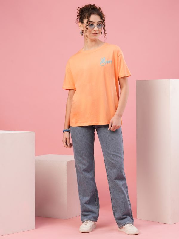 Globus Women Peach Drop Shoulder Conversational Back Print Cotton Boxy Fit T-Shirt