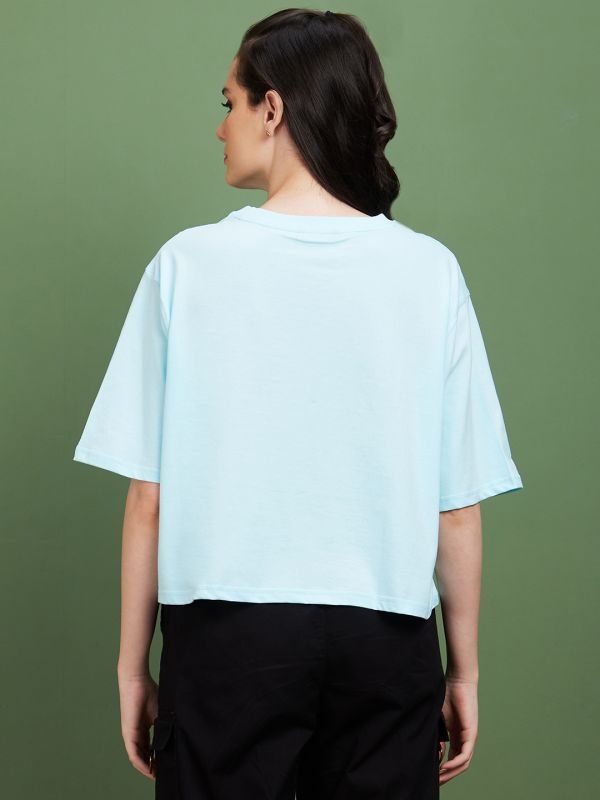 Globus Women Blue Graphic Conversational Cotton Round Neck Boxy Fit Casual T-Shirt