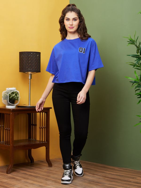 Globus Women Blue Boxy Fit Typography Round Neck T-Shirt