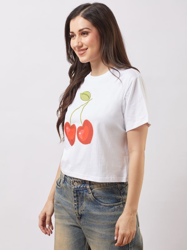 Globus Women White Round Neck Short Sleeves Cherry Print Oversized T-Shirt