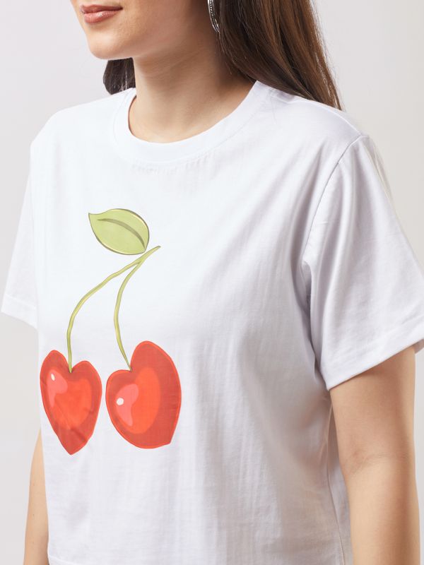 Globus Women White Round Neck Short Sleeves Cherry Print Oversized T-Shirt