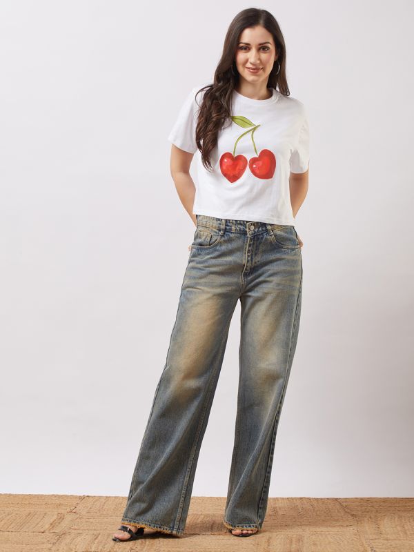 Globus Women White Round Neck Short Sleeves Cherry Print Oversized T-Shirt