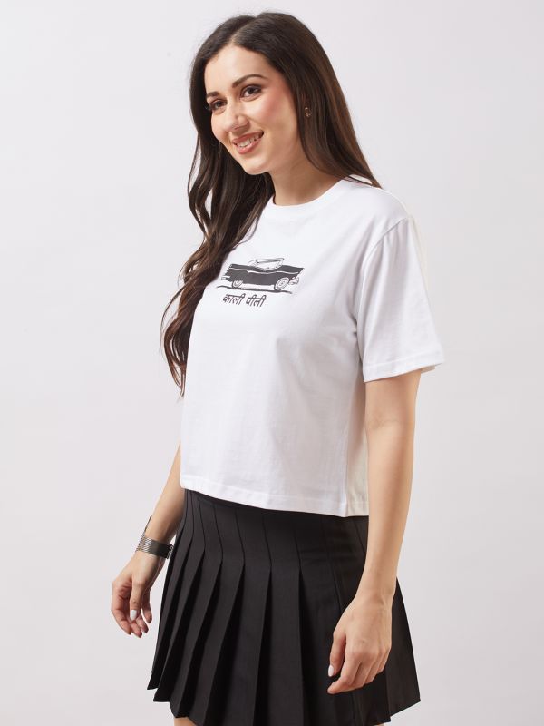 Globus Women White Round Neck Short Sleeves Graphic Print Oversized T-Shirt