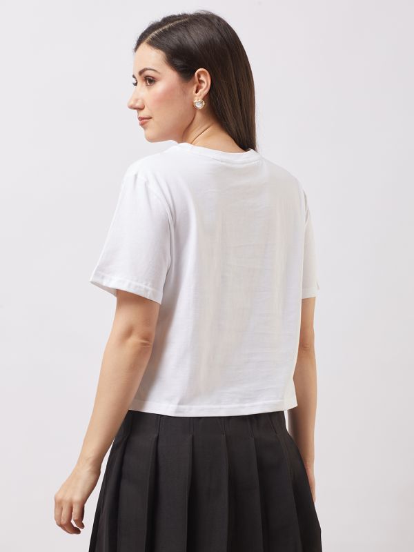 Globus Women White Round Neck Short Sleeves Graphic Print Oversized T-Shirt