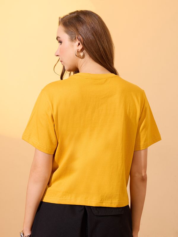 Globus Women Yellow Round Neck Short Sleeves Graphic Print Oversized Crop T-Shirt