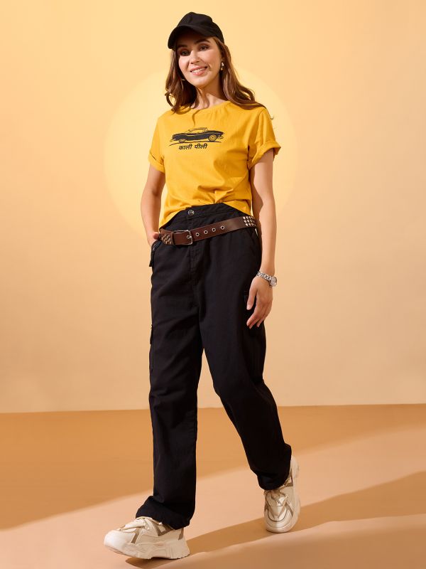 Globus Women Yellow Round Neck Short Sleeves Graphic Print Oversized Crop T-Shirt