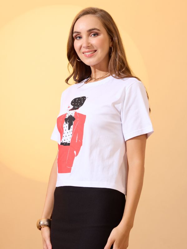 Globus Women White Round Neck Short Sleeves Graphic Print Oversized Crop T-Shirt