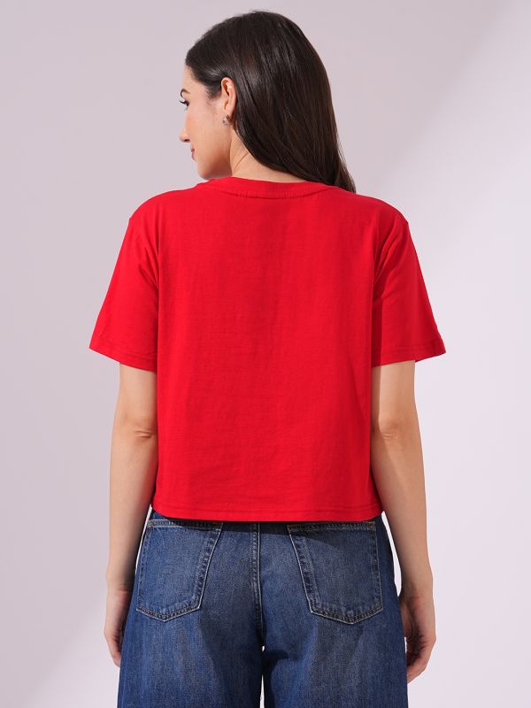 Globus Women Red Round Neck Short Sleeves Graphic Print Oversized T-Shirt