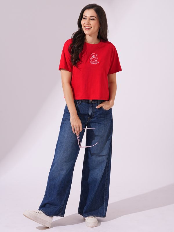 Globus Women Red Round Neck Short Sleeves Graphic Print Oversized T-Shirt