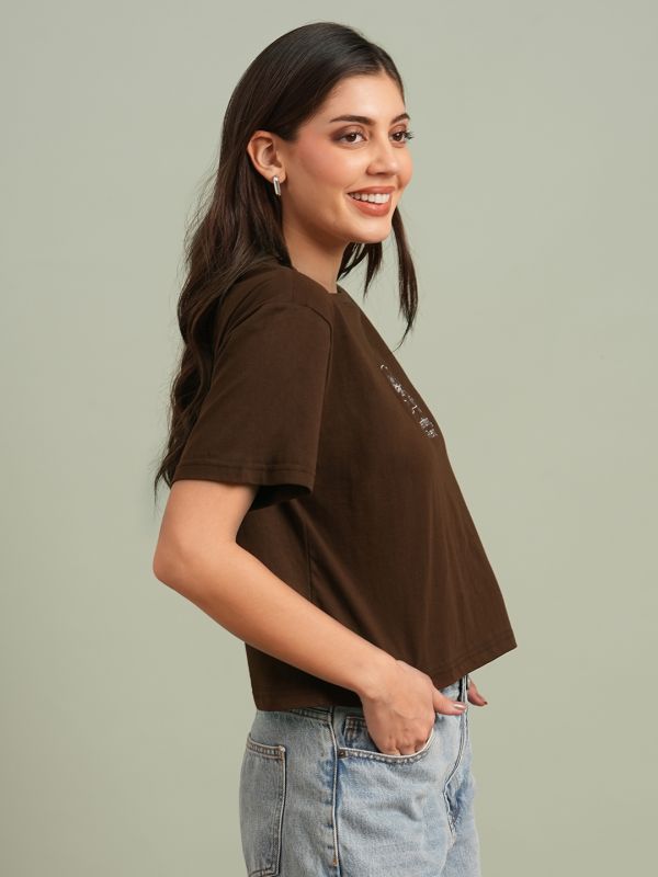Globus Women Brown Round Neck Short Sleeves Graphic Print Oversized T-Shirt