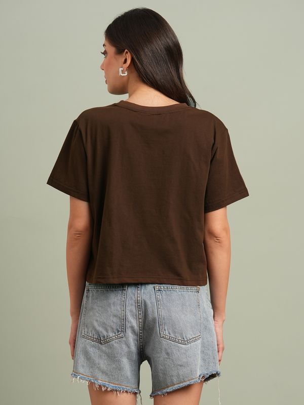 Globus Women Brown Round Neck Short Sleeves Graphic Print Oversized T-Shirt