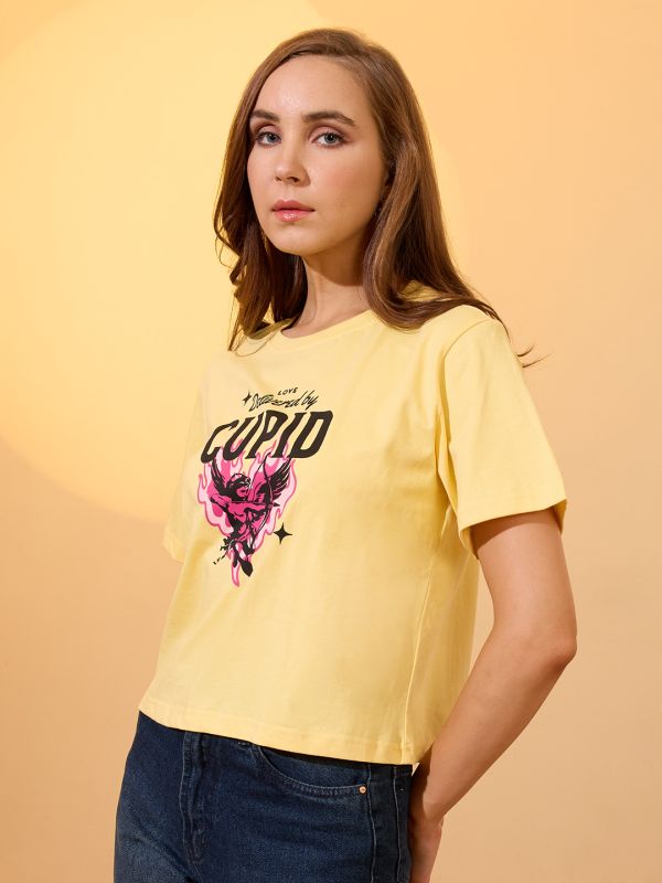 Globus Women Yellow Round Neck Short Sleeves Graphic Print Oversized Crop T-Shirt