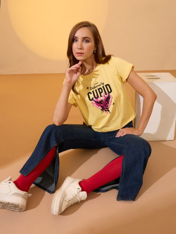 Globus Women Yellow Round Neck Short Sleeves Graphic Print Oversized Crop T-Shirt