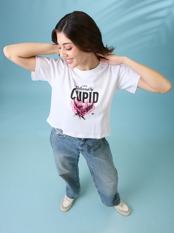 Globus Women White Graphic Print Round Neck Short Sleeves Oversized T Shirt