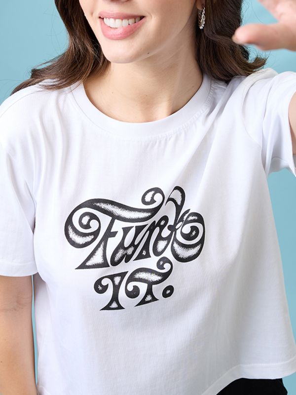Globus Women White Graphic Print Round Neck Short Sleeves Oversized T Shirt