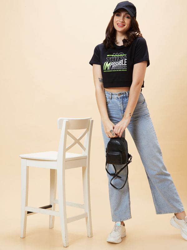 Globus Women Black Typography Print Round Neck Crop Top