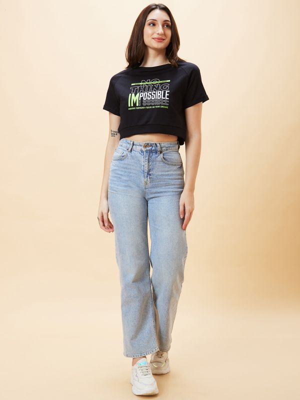 Globus Women Black Typography Print Round Neck Crop Top