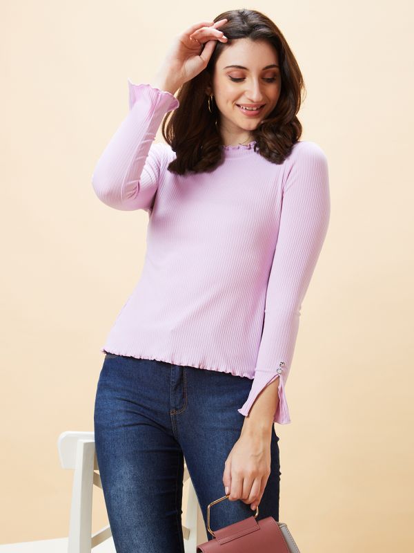 Globus Women Lavender Solid Ribbed High Neck Lettuce Edge Top
