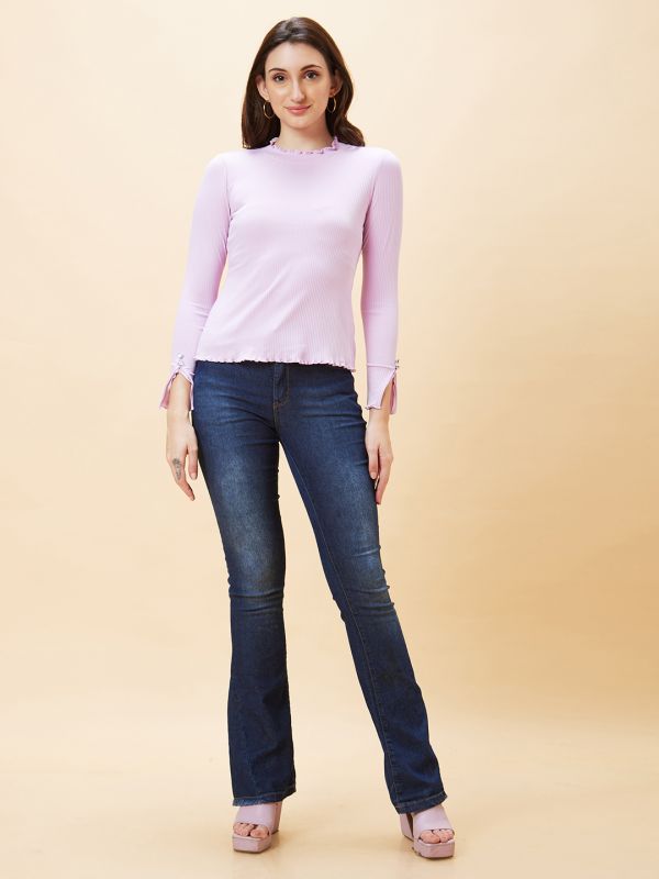 Globus Women Lavender Solid Ribbed High Neck Lettuce Edge Top