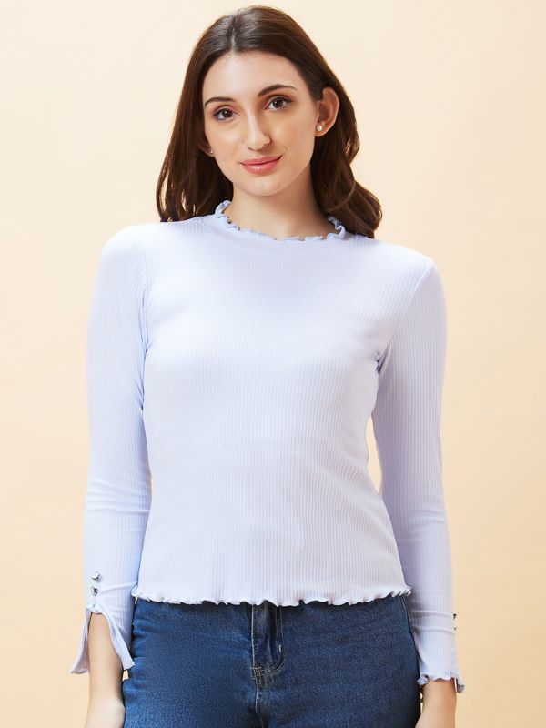 Globus Women Blue Solid Ribbed High Neck Lettuce Edge Top