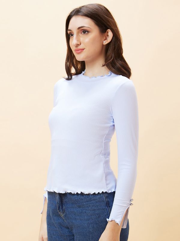 Globus Women Blue Solid Ribbed High Neck Lettuce Edge Top