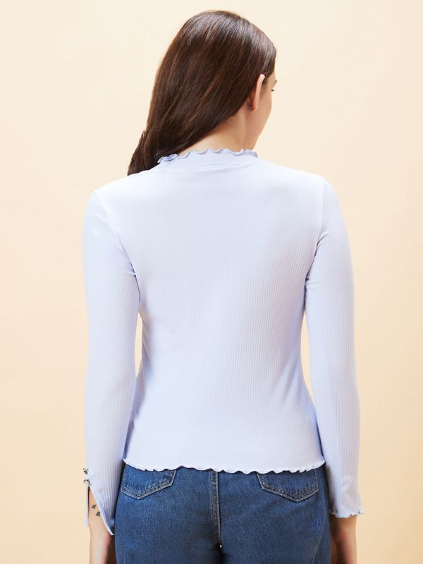 Globus Women Blue Solid Ribbed High Neck Lettuce Edge Top