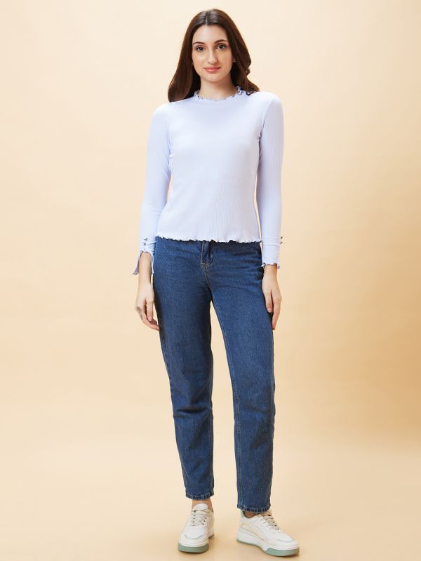 Globus Women Blue Solid Ribbed High Neck Lettuce Edge Top