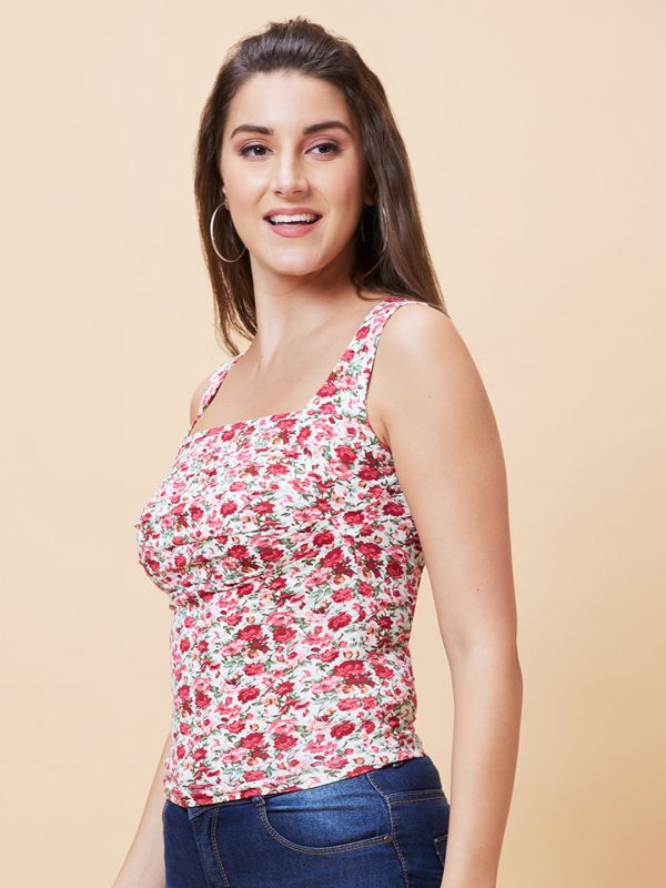 Globus Women White Floral Print Square Neck Pleated Casual Tank Top