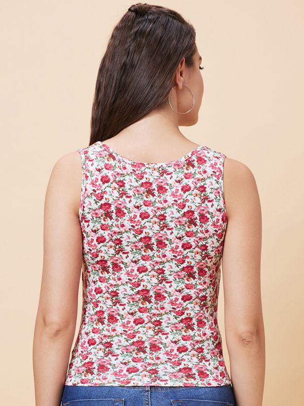 Globus Women White Floral Print Square Neck Pleated Casual Tank Top
