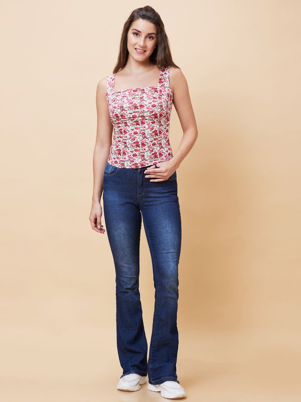Globus Women White Floral Print Square Neck Pleated Casual Tank Top