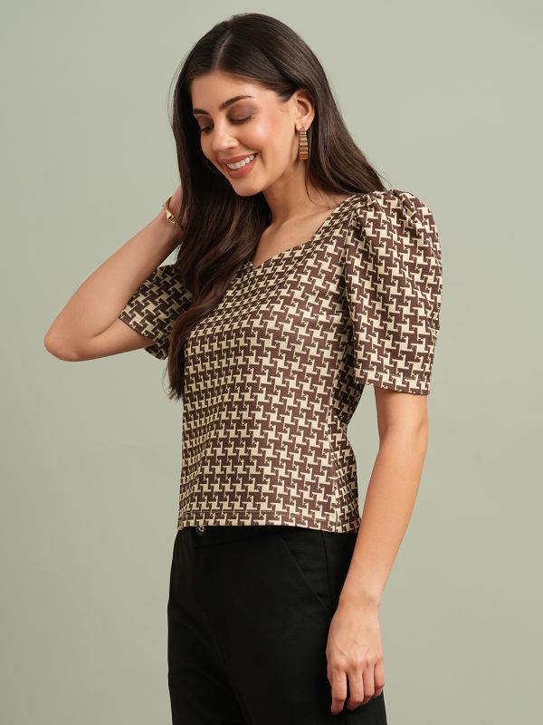 Globus Women Brown Abstract Print Sweetheart Neck Puff Sleeves Workwear Top