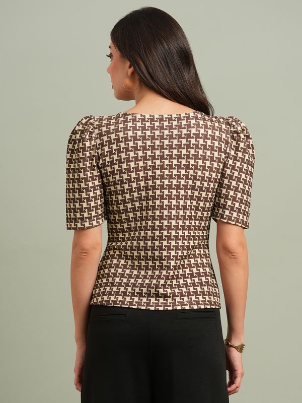 Globus Women Brown Abstract Print Sweetheart Neck Puff Sleeves Workwear Top
