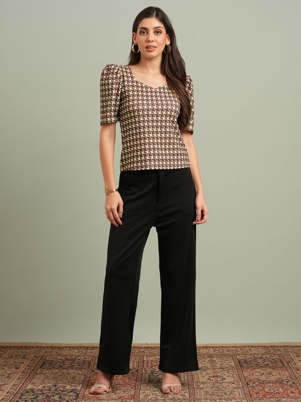 Globus Women Brown Abstract Print Sweetheart Neck Puff Sleeves Workwear Top