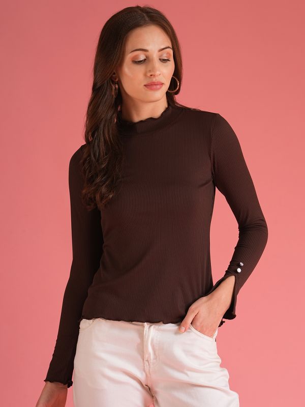 Globus Women Brown Stretchable Self Design High Neck Full Sleeves Workwear Top